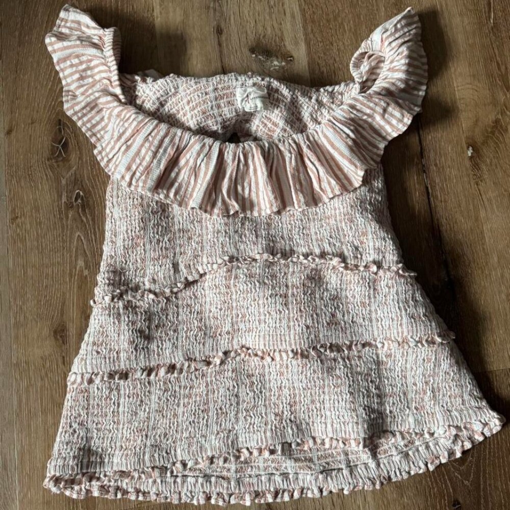 Anthropologie white cream pink striped ruffle smocked sleeveless blouse size XL